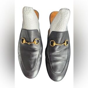 Gucci Black Leather Horsebit Slip-On Loafers with Gold Hardware